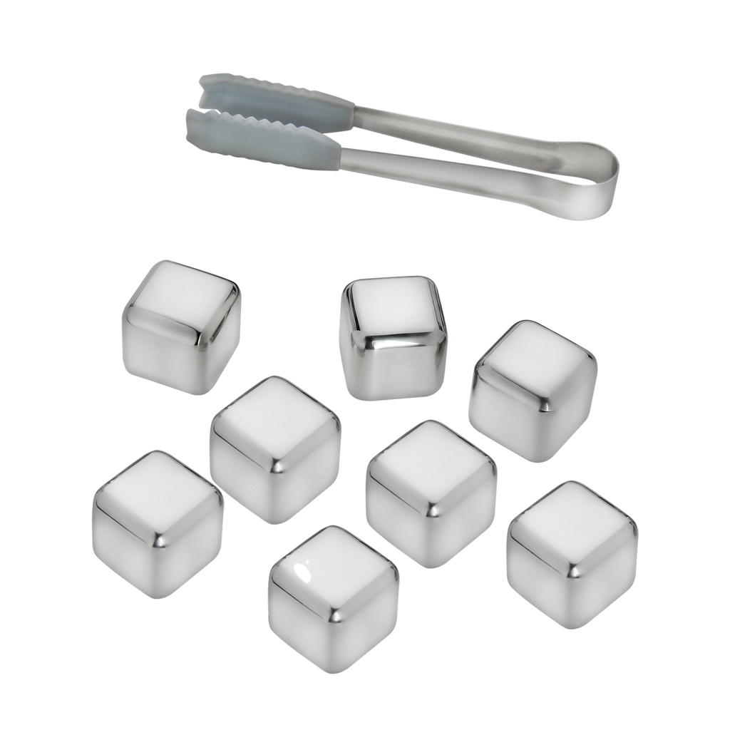 Kit 4 Copos Dupla Parede de Vidro + 8 Cubos de Gelo Inox com Pegador