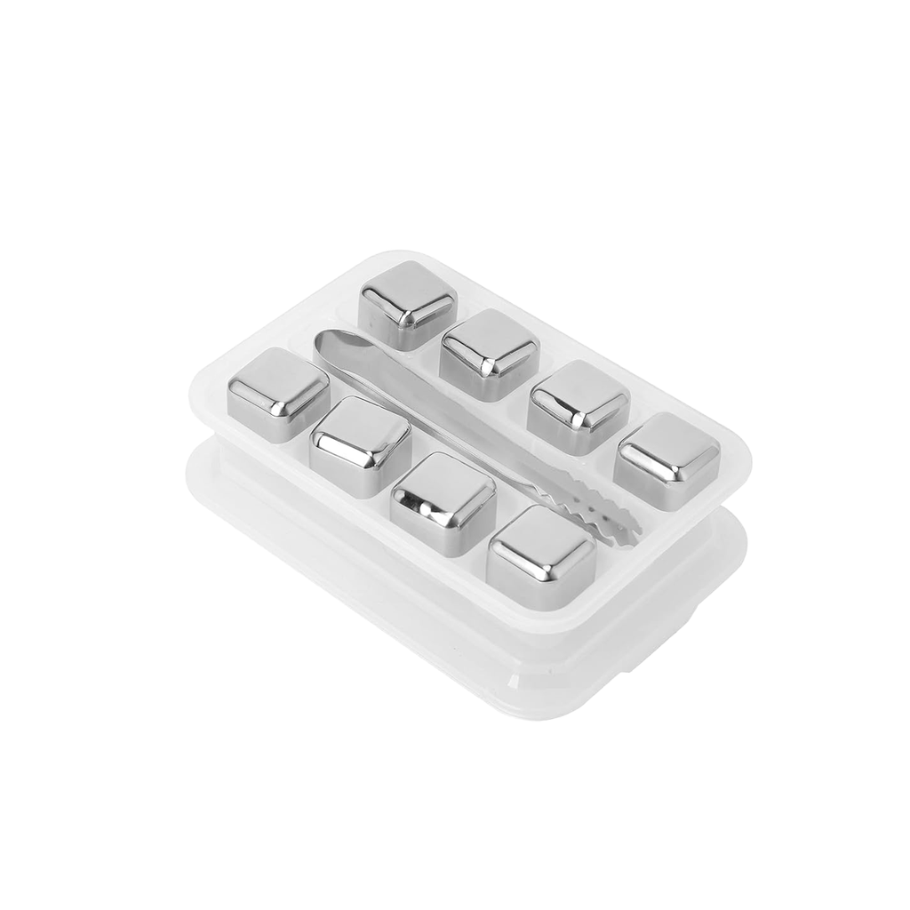 Kit 4 Copos Dupla Parede de Vidro + 8 Cubos de Gelo Inox com Pegador