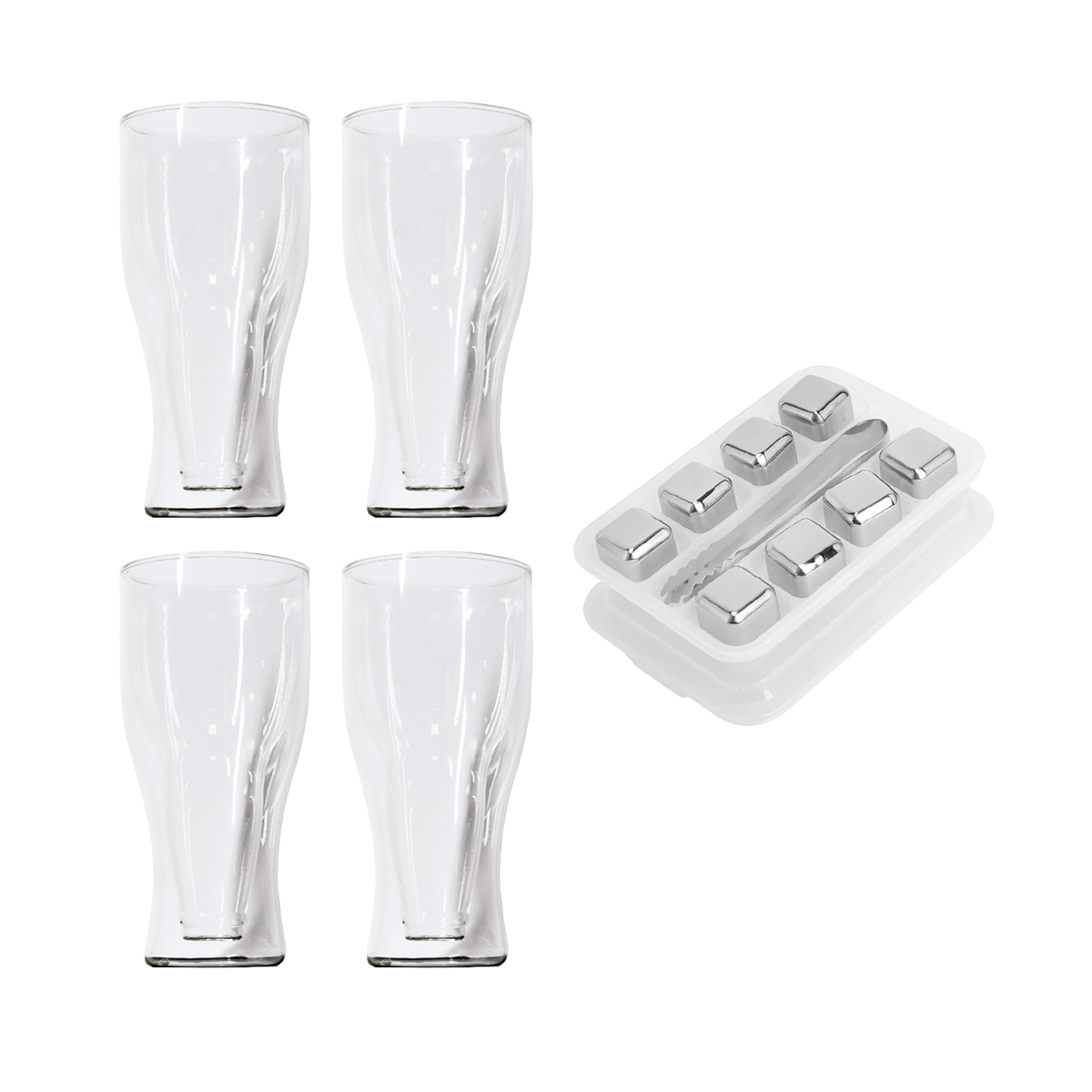 Kit 4 Copos Dupla Parede de Vidro + 8 Cubos de Gelo Inox com Pegador