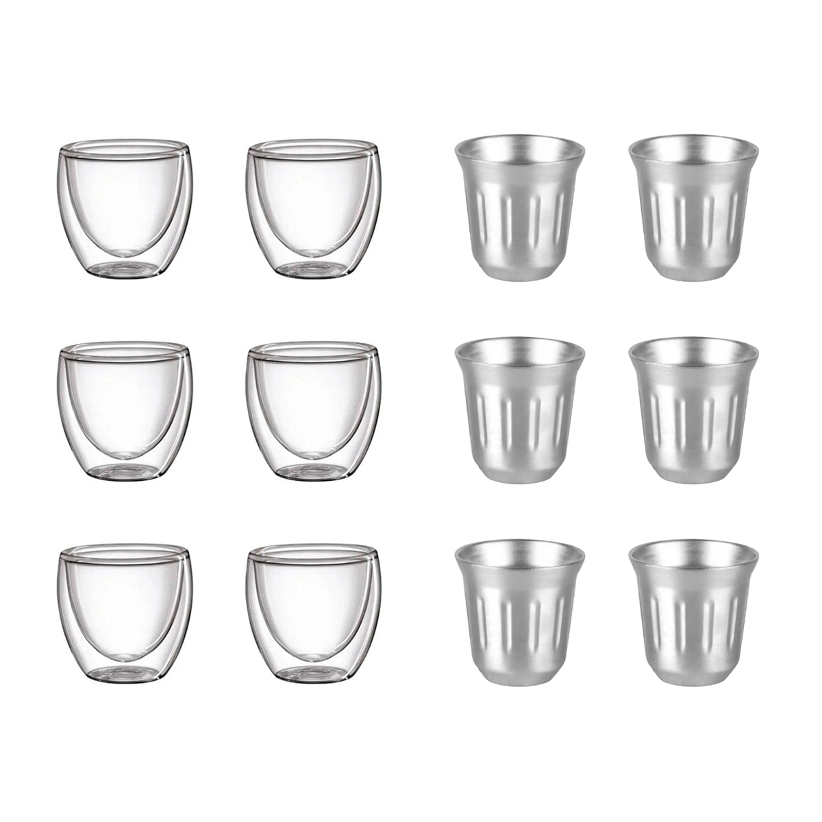 Kit 12 copinhos: 6 copos double wall + 6 copos 80ml de inox