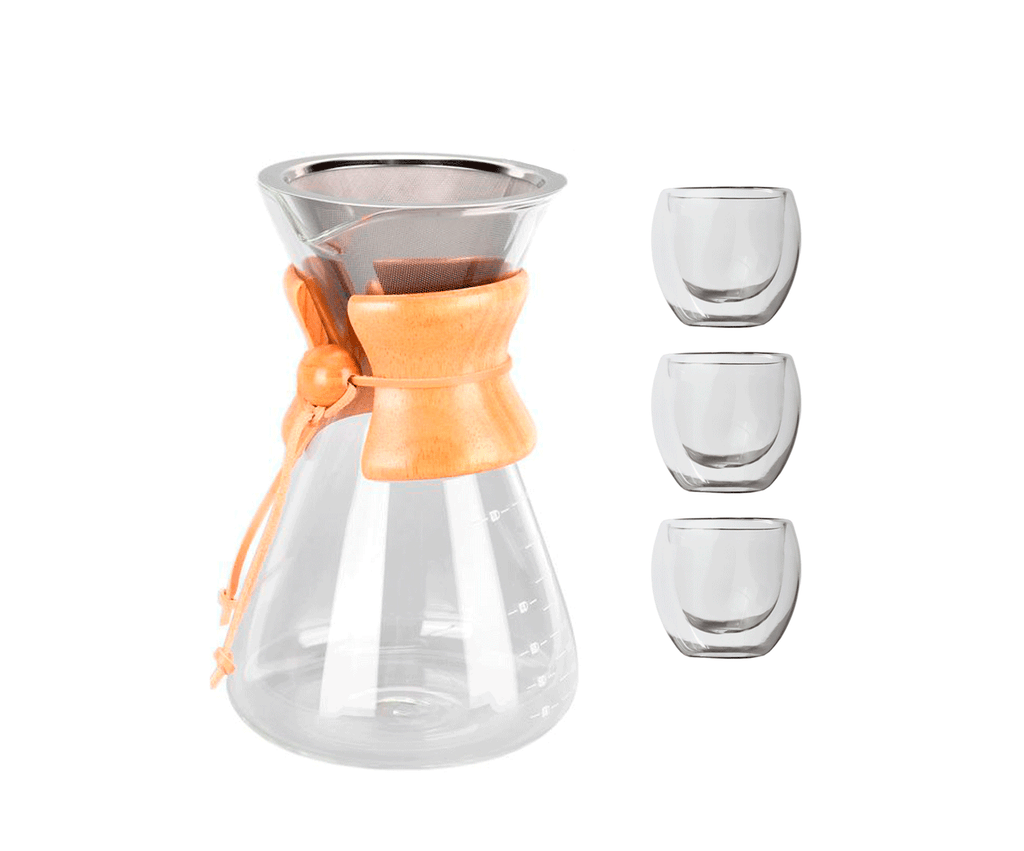 Cafeteira de Vidro Filtro de Inox + 3 Copos Double Wall 80ml