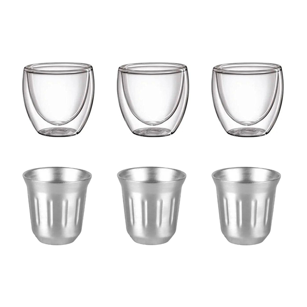 Kit 6 copos café: 3 copos double wall + 3 copos 80ml de inox