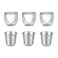 Kit 6 copos café: 3 copos double wall + 3 copos 80ml de inox