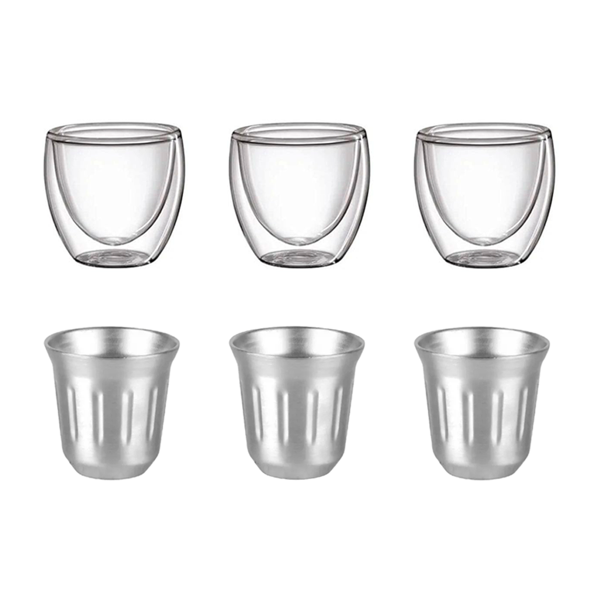 Kit 6 copos café: 3 copos double wall + 3 copos 80ml de inox
